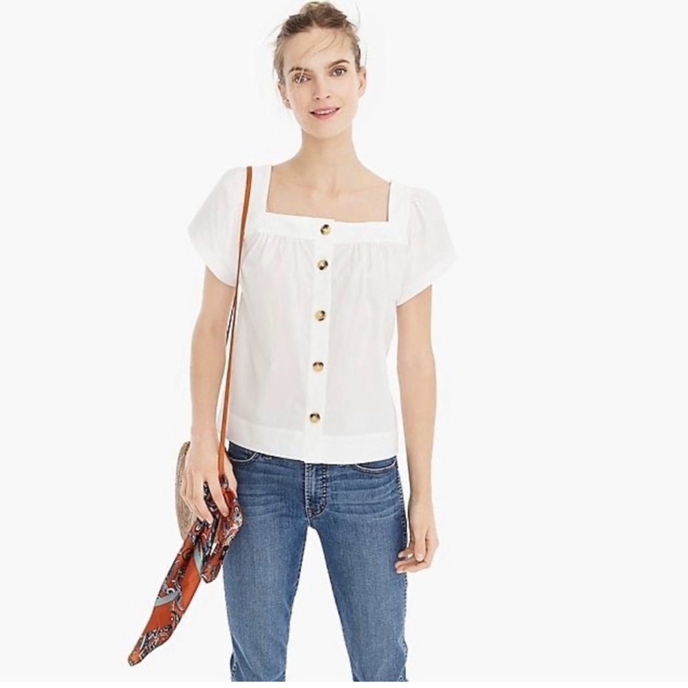 J. Crew size XXL White Square Neck Button Down Puff Sleeve Blouse